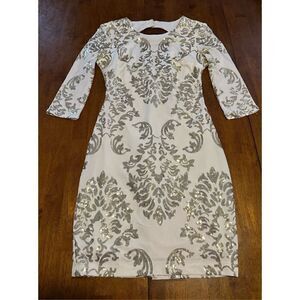B.Darlin Cocktail Dress Size 5/6 White Bodycon Open Back Gold Sequins Mini